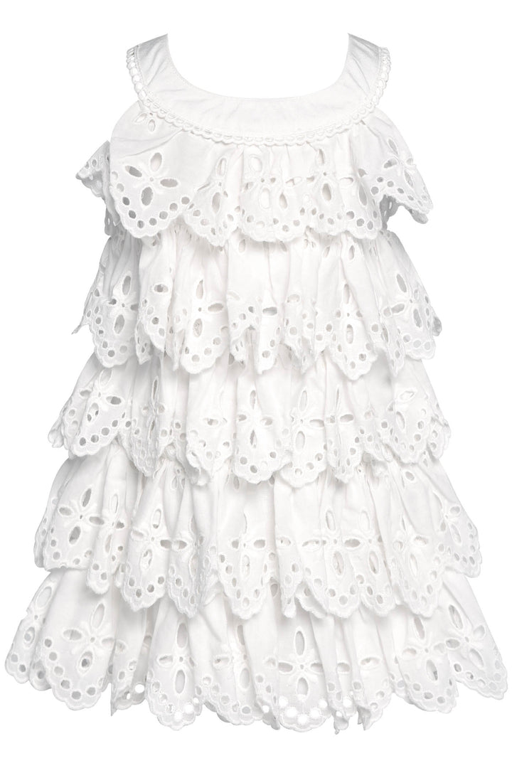 Toddler Baby Girl's Eyelet Tiered Dress  Rounded Scoop Neckline  Sleeveless  Tiered Dramatic Eyelet   Dramatic Yet Adorable  Perfect All-White Dress for Little Girls    Keywords: All White Dress, Little Girl's All White Dress, Summer Dress, Spring Dress, Garden Party Dress, Sundress, Easter Sunday Dress, Cottage Core Dress
