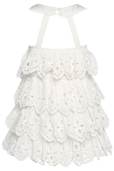 Toddler Baby Girl's Eyelet Tiered Dress  Rounded Scoop Neckline  Sleeveless  Tiered Dramatic Eyelet   Dramatic Yet Adorable  Perfect All-White Dress for Little Girls    Keywords: All White Dress, Little Girl's All White Dress, Summer Dress, Spring Dress, Garden Party Dress, Sundress, Easter Sunday Dress, Cottage Core Dress