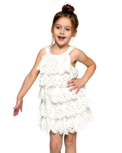 Toddler Baby Girl's Eyelet Tiered Dress  Rounded Scoop Neckline  Sleeveless  Tiered Dramatic Eyelet   Dramatic Yet Adorable  Perfect All-White Dress for Little Girls    Keywords: All White Dress, Little Girl's All White Dress, Summer Dress, Spring Dress, Garden Party Dress, Sundress, Easter Sunday Dress, Cottage Core Dress