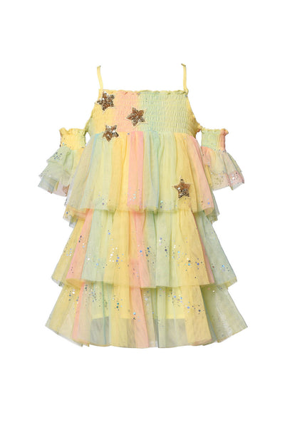 Pastel Tiered Mesh Dress W/Star Trim Detail