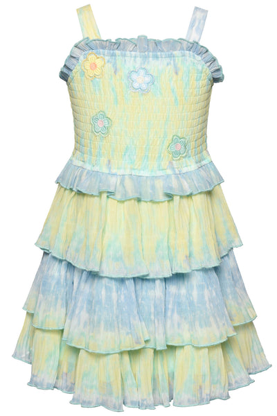 Little l Big Girl's Tie Dye Patch Tiered Dress  Shoulder Straps  Lettuce Ruffle Upper w/ Smocked Chest & Back  Tiered Layered Look  Vintage Retro Tie Dye Print  Embroidered Floral Print Daisy Patches   Keywords: Little Girl's Sundress, Toddler Sundress, Girl's Tea Party Dress, Girl's Garden Party Print Dress, Girl's Summer Dress, Girl's Spring Dress, Girl's Retro Vintage Dress, Girl's Tiered Maxi Dress, Little Girl's Tie Dye Dress