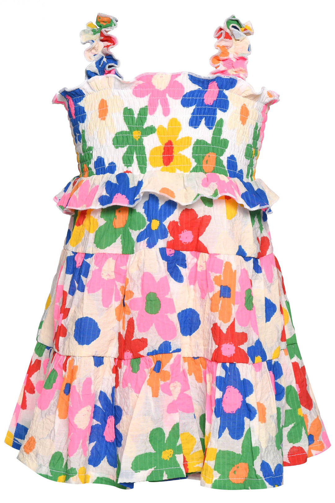 Little l Big Girl's Color Block Daisy Floral Print Tiered Dress  Frilled Ruffle Shoulder Straps  Lettuce Ruffle Upper w/ Smocked Chest & Back  Tiered Layered Look  Vibrant & Fun Color Block Diasy All Over Print  If Summer Was A Dress This Would Be Her!     Keywords: Little Girl's Sundress, Toddler Sundress, Girl's Colorblock Dress, Girl's Daisy Print Dress, Girl's Summer Dress, Girl's Spring Dress, Girl's Rainbow Dress, Girl's Tiered Maxi Dress