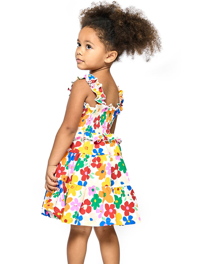 Little l Big Girl's Color Block Daisy Floral Print Tiered Dress  Frilled Ruffle Shoulder Straps  Lettuce Ruffle Upper w/ Smocked Chest & Back  Tiered Layered Look  Vibrant & Fun Color Block Diasy All Over Print  If Summer Was A Dress This Would Be Her!     Keywords: Little Girl's Sundress, Toddler Sundress, Girl's Colorblock Dress, Girl's Daisy Print Dress, Girl's Summer Dress, Girl's Spring Dress, Girl's Rainbow Dress, Girl's Tiered Maxi Dress