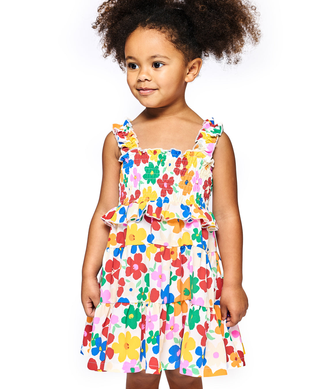 Little l Big Girl's Color Block Daisy Floral Print Tiered Dress  Frilled Ruffle Shoulder Straps  Lettuce Ruffle Upper w/ Smocked Chest & Back  Tiered Layered Look  Vibrant & Fun Color Block Diasy All Over Print  If Summer Was A Dress This Would Be Her!     Keywords: Little Girl's Sundress, Toddler Sundress, Girl's Colorblock Dress, Girl's Daisy Print Dress, Girl's Summer Dress, Girl's Spring Dress, Girl's Rainbow Dress, Girl's Tiered Maxi Dress