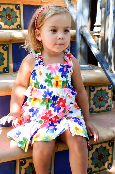 Little l Big Girl's Color Block Daisy Floral Print Tiered Dress  Frilled Ruffle Shoulder Straps  Lettuce Ruffle Upper w/ Smocked Chest & Back  Tiered Layered Look  Vibrant & Fun Color Block Diasy All Over Print  If Summer Was A Dress This Would Be Her!     Keywords: Little Girl's Sundress, Toddler Sundress, Girl's Colorblock Dress, Girl's Daisy Print Dress, Girl's Summer Dress, Girl's Spring Dress, Girl's Rainbow Dress, Girl's Tiered Maxi Dress
