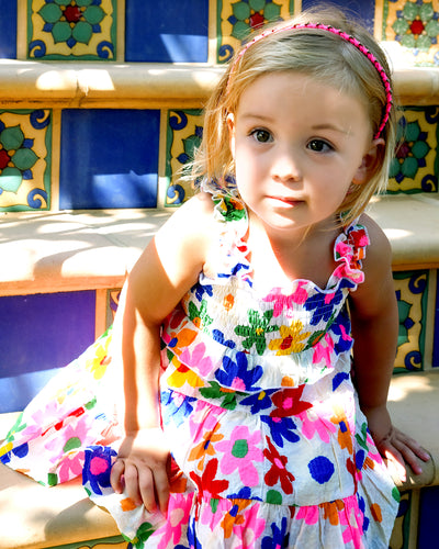 Little l Big Girl's Color Block Daisy Floral Print Tiered Dress  Frilled Ruffle Shoulder Straps  Lettuce Ruffle Upper w/ Smocked Chest & Back  Tiered Layered Look  Vibrant & Fun Color Block Diasy All Over Print  If Summer Was A Dress This Would Be Her!     Keywords: Little Girl's Sundress, Toddler Sundress, Girl's Colorblock Dress, Girl's Daisy Print Dress, Girl's Summer Dress, Girl's Spring Dress, Girl's Rainbow Dress, Girl's Tiered Maxi Dress