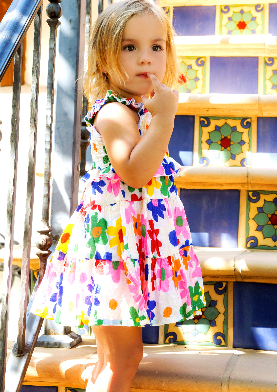 Little l Big Girl's Color Block Daisy Floral Print Tiered Dress  Frilled Ruffle Shoulder Straps  Lettuce Ruffle Upper w/ Smocked Chest & Back  Tiered Layered Look  Vibrant & Fun Color Block Diasy All Over Print  If Summer Was A Dress This Would Be Her!     Keywords: Little Girl's Sundress, Toddler Sundress, Girl's Colorblock Dress, Girl's Daisy Print Dress, Girl's Summer Dress, Girl's Spring Dress, Girl's Rainbow Dress, Girl's Tiered Maxi Dress