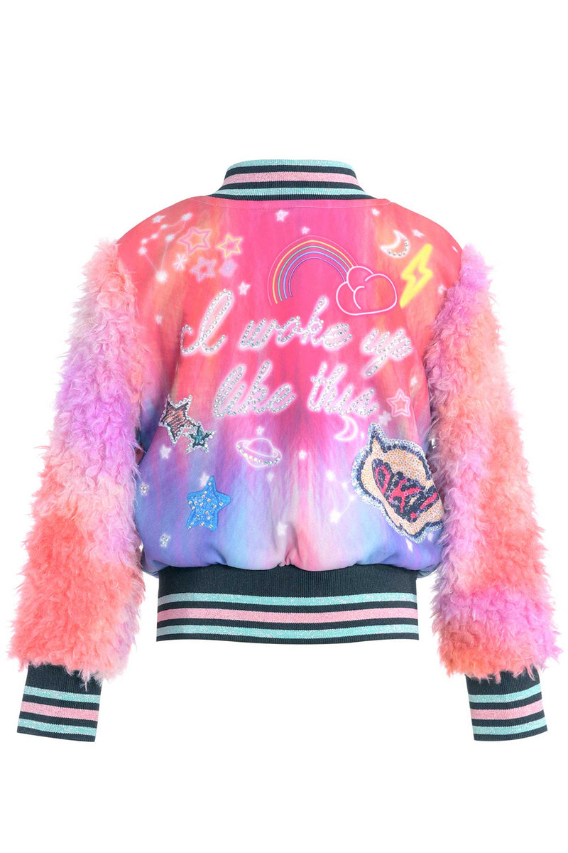 Baby Sara Little Girls All Over Print Fuzzy Sleeve Bomber Jacket