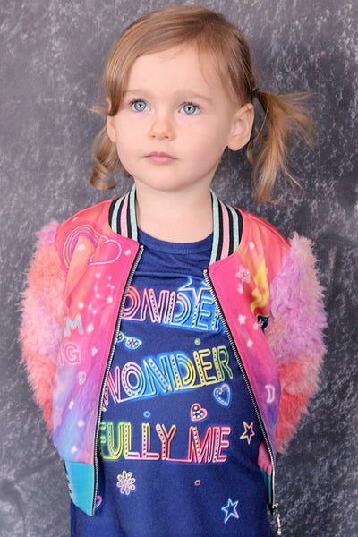 Baby Sara Little Girls All Over Print Fuzzy Sleeve Bomber Jacket