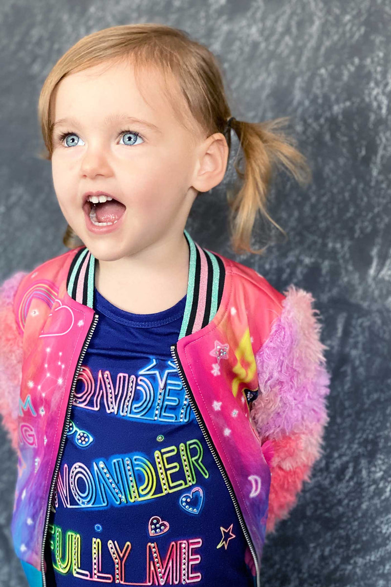 Baby Sara Little Girls All Over Print Fuzzy Sleeve Bomber Jacket