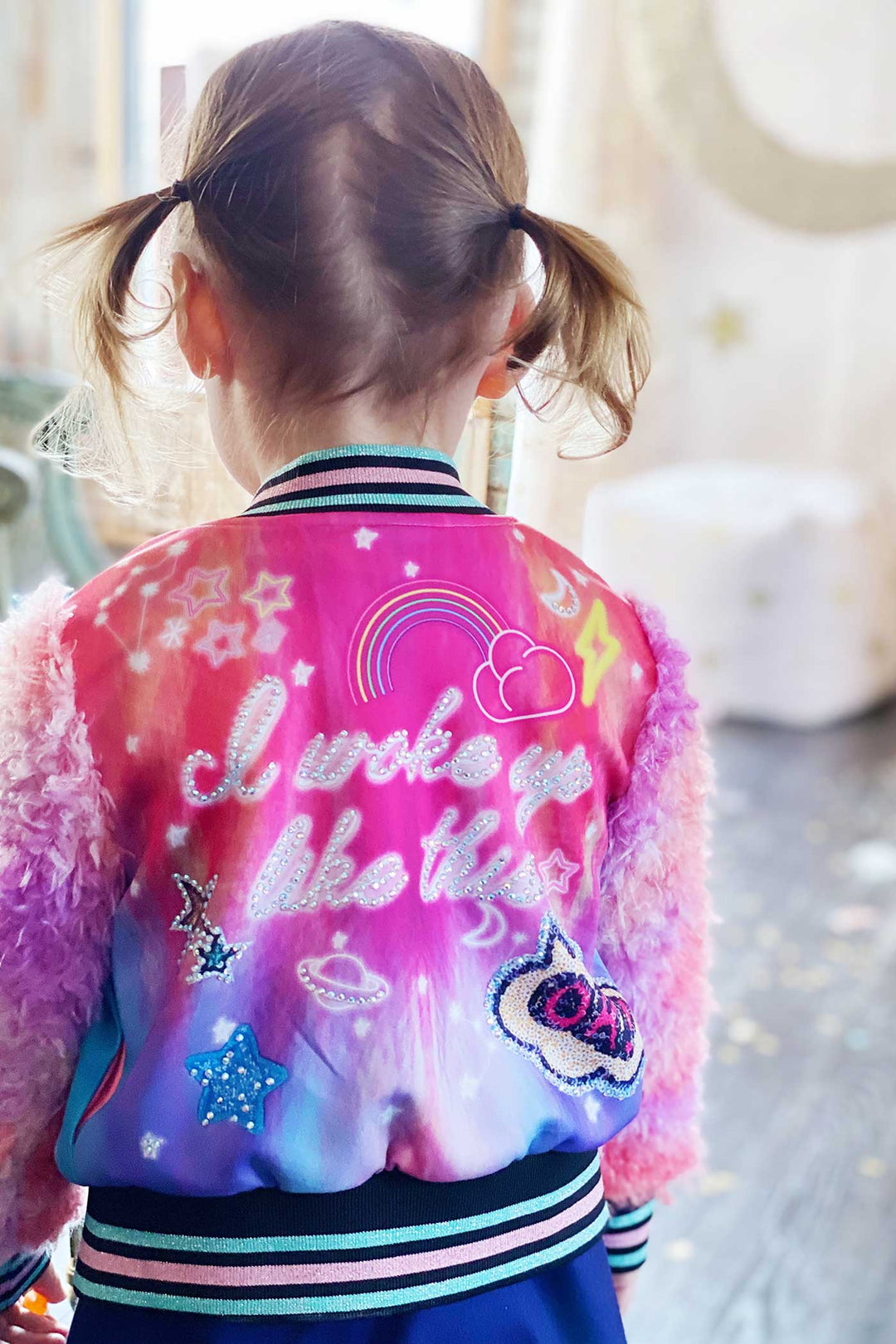 Baby Sara Little Girls All Over Print Fuzzy Sleeve Bomber Jacket