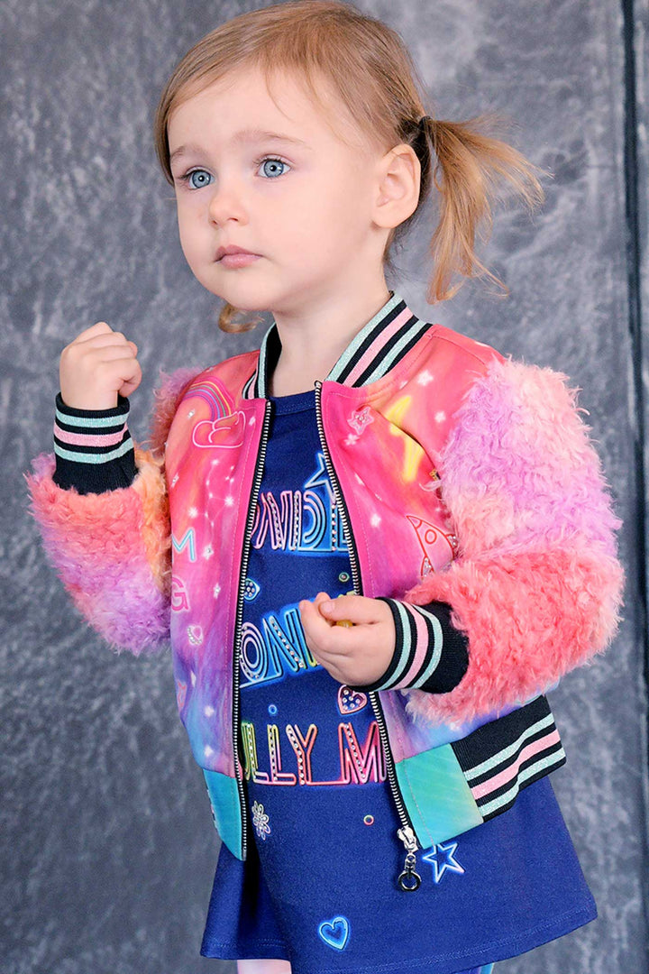 Baby Sara Little Girls All Over Print Fuzzy Sleeve Bomber Jacket