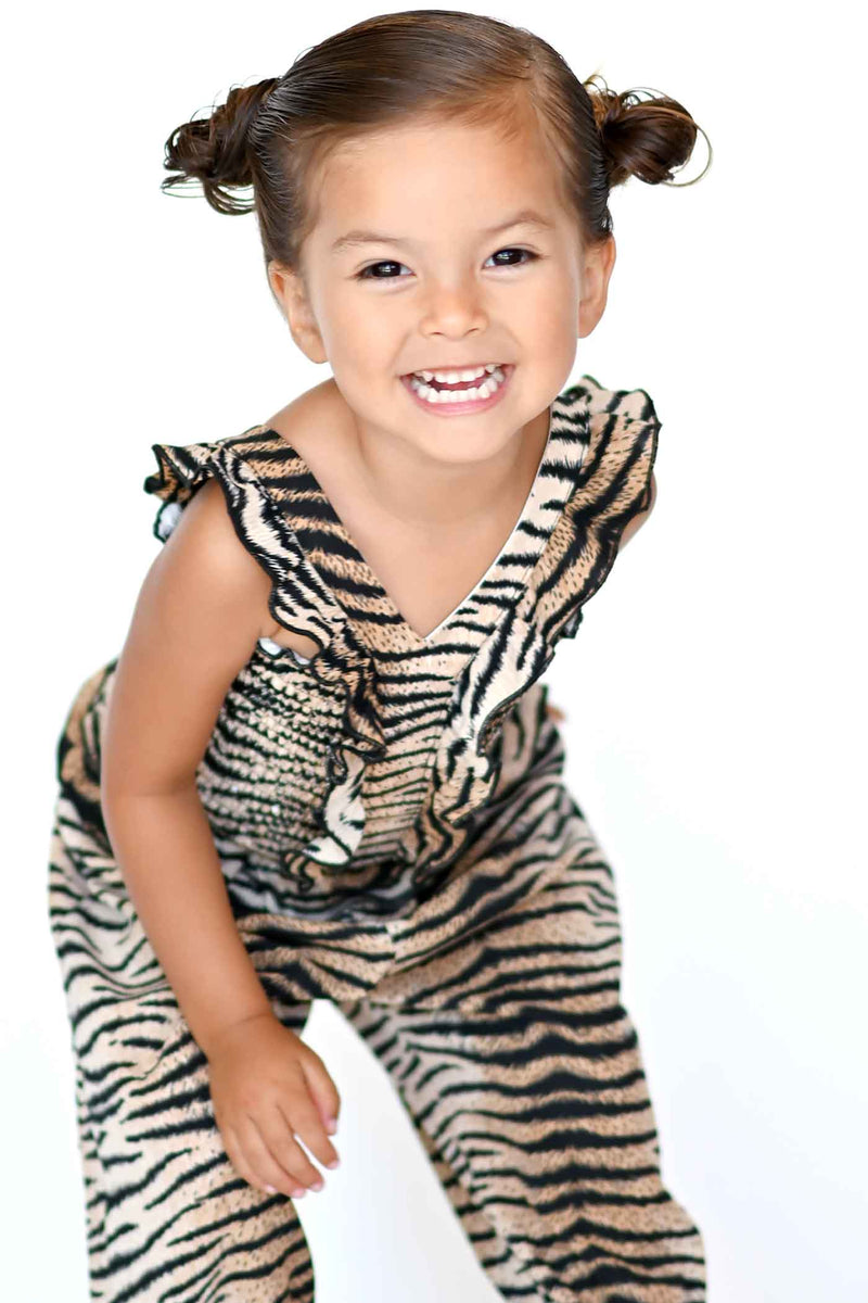 Baby Sara Little Girls Tiger Print Smocked Top Jumpsuit