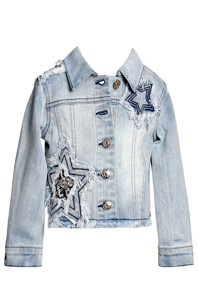 Baby Sara Little Girls Star Embellished Sequin Distressed Frayed Denim Jean Jacket Acid Mineral Wash trendy chic luxe kids childrens clothing