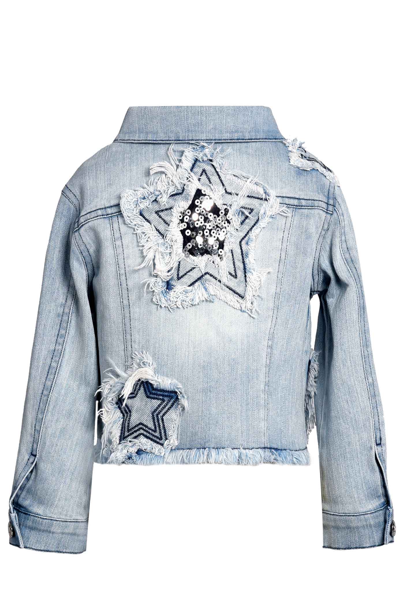 Baby Sara Little Girls Star Embellished Sequin Distressed Frayed Denim Jean Jacket Acid Mineral Wash trendy chic luxe kids childrens clothing