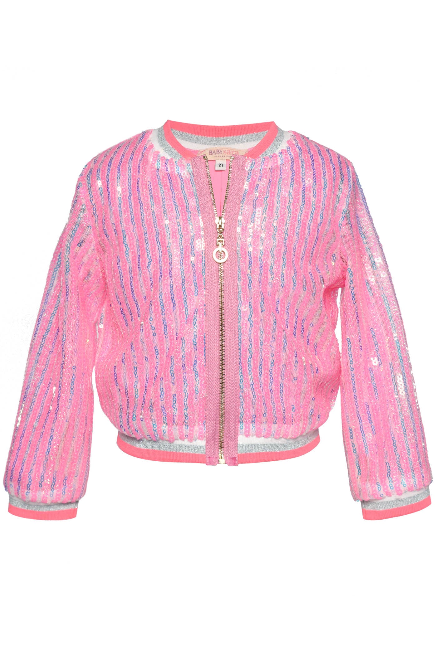 Toddler's Sporty Chic Sequin Athleisure Bomber Jacket  Sporty Athleisure Look Ribbed Striped Trim On Neckline & Cuffs: White, Metallic Silver, Vibrant Pink  Iridescent Sequin All Over  Exposed Contrasting Zipper Closure    Keywords: Toddler Jacket, Toddler Bomber, Bomber Jacket, Spring Bomber Jacket, Summer Bomber Jacket, Sporty Jackets Kid's, Athleisure Jacket