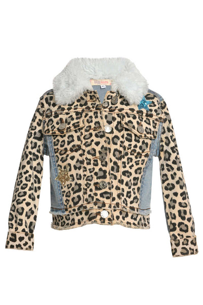 Baby Sara Little Girls Animal Print Fur Collar Denim Jacket