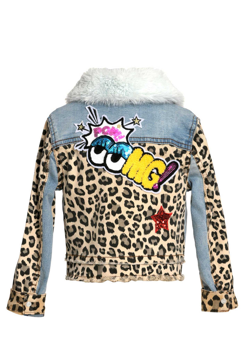 Baby Sara Little Girls Animal Print Fur Collar Denim Jacket