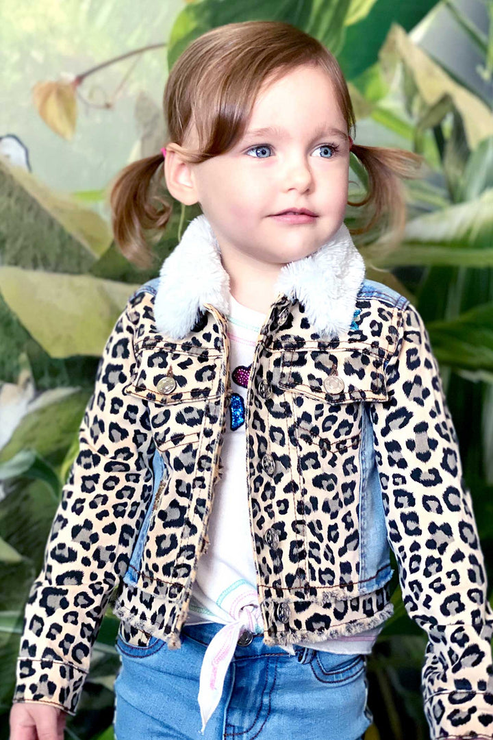 Baby Sara Little Girls Animal Print Fur Collar Denim Jacket