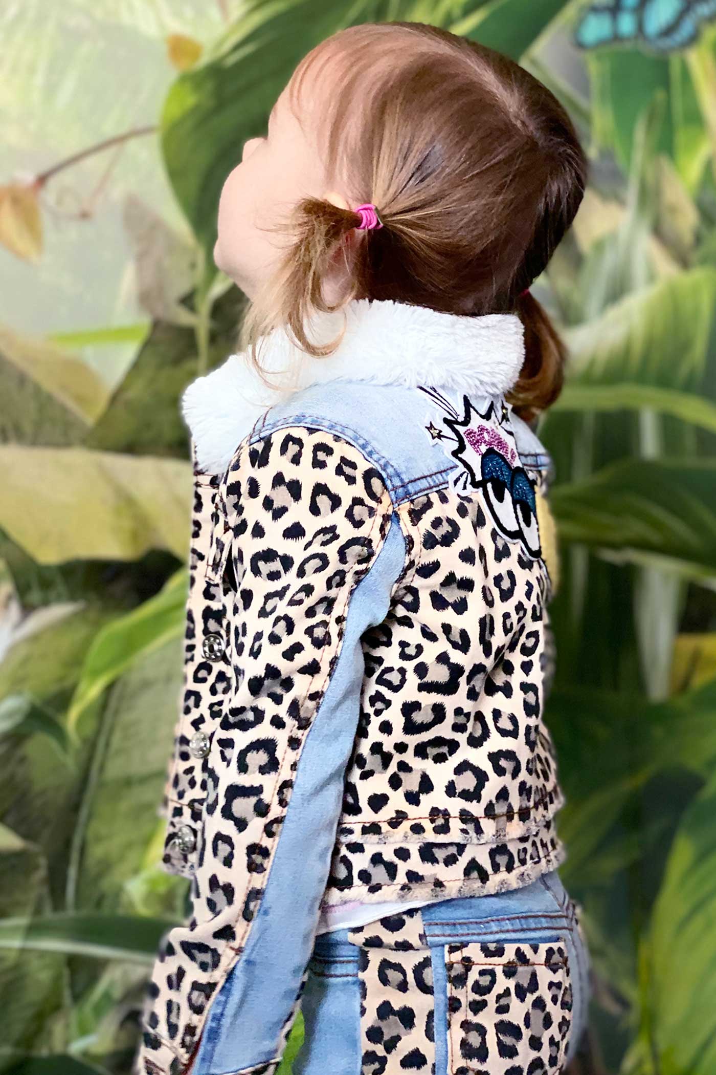 Baby Sara Little Girls Animal Print Fur Collar Denim Jacket