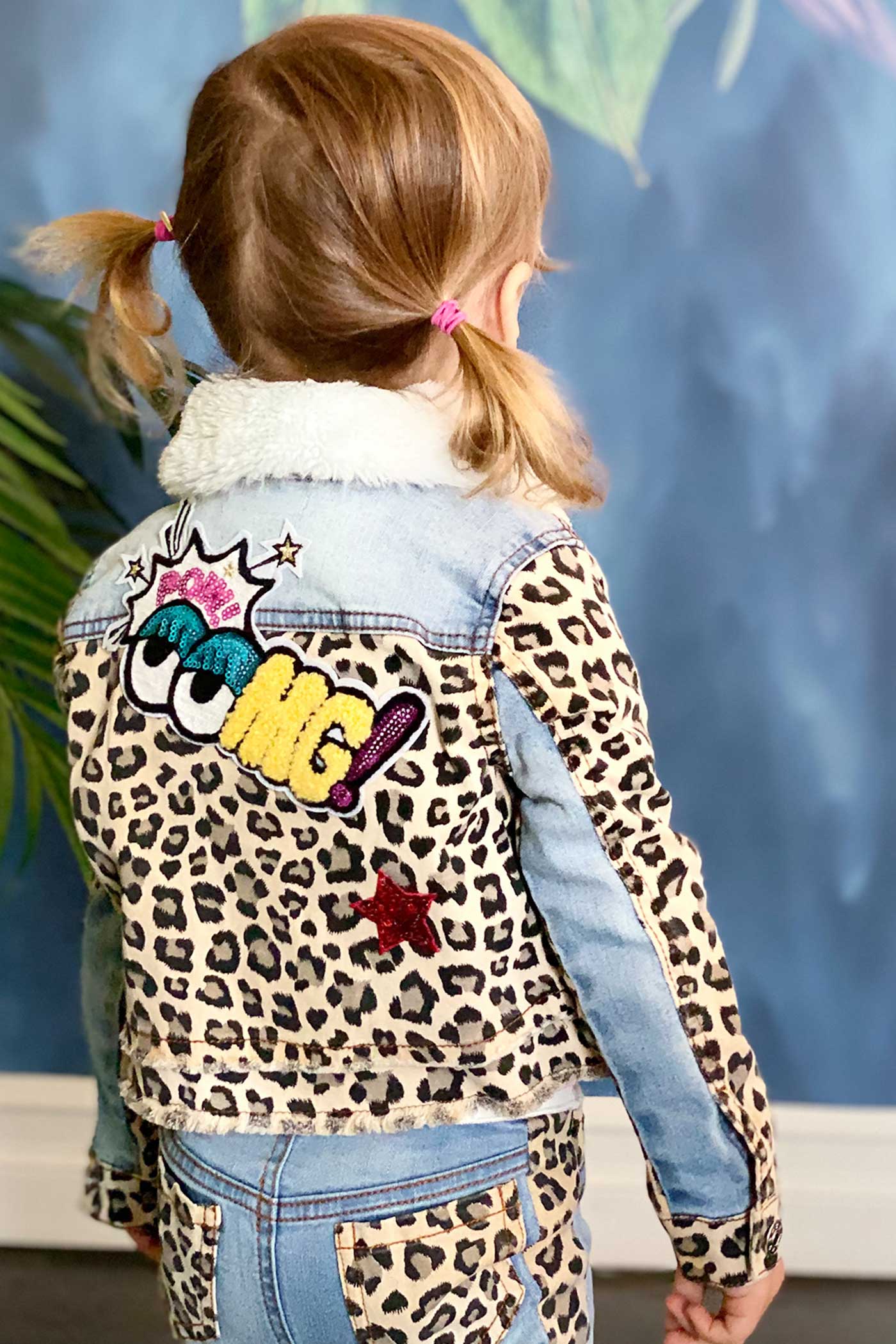 Baby Sara Little Girls Animal Print Fur Collar Denim Jacket