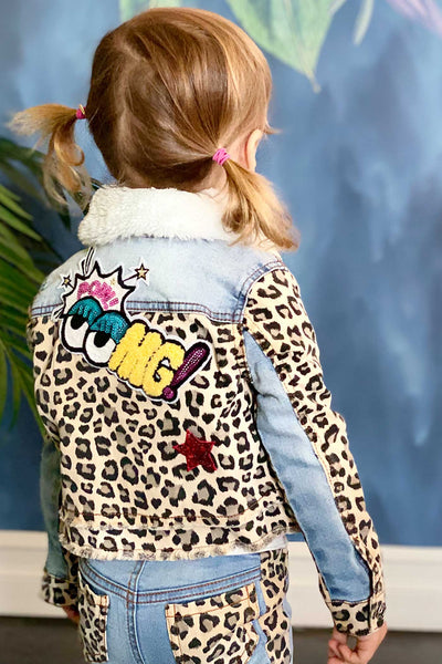 Baby Sara Little Girls Animal Print Fur Collar Denim Jacket