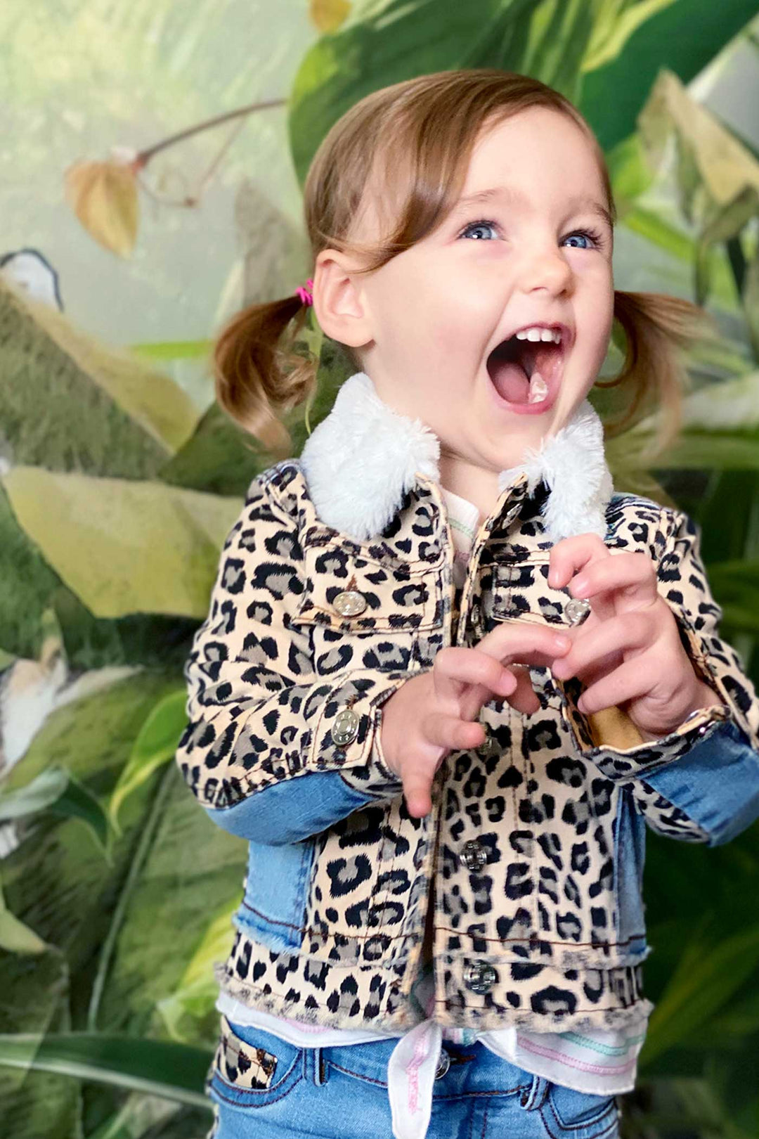 Baby Sara Little Girls Animal Print Fur Collar Denim Jacket
