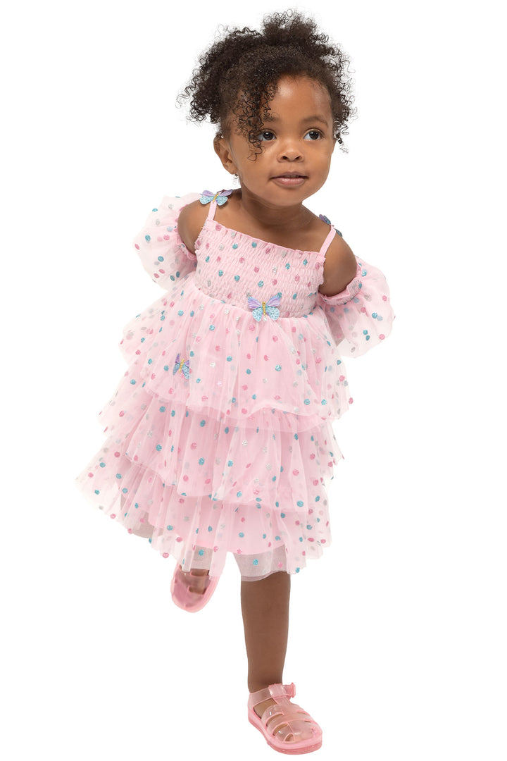 Polka Dot Butterfly Mesh Tiered Dress