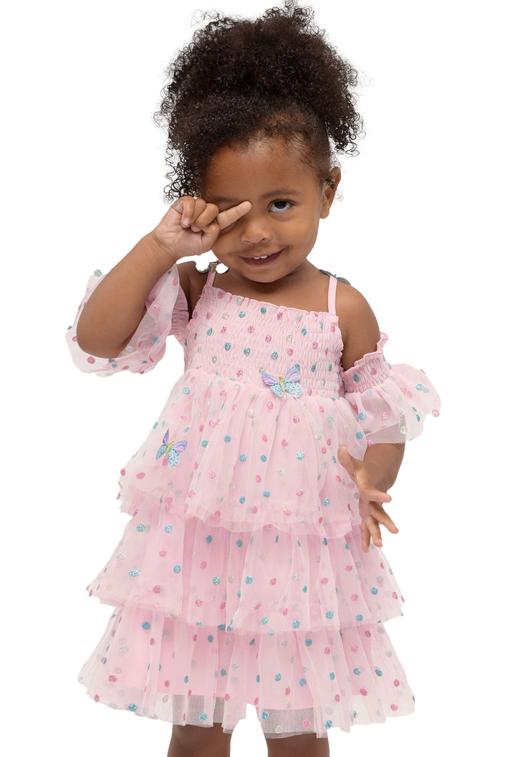 Polka Dot Butterfly Mesh Tiered Dress