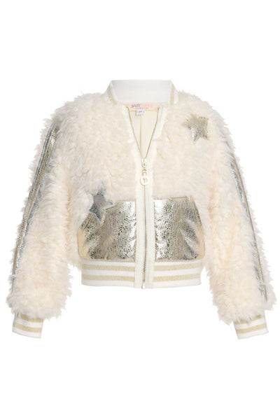 Baby Sara Little Girls Gold Leather and Sherpa Mixed Bomber Jacket