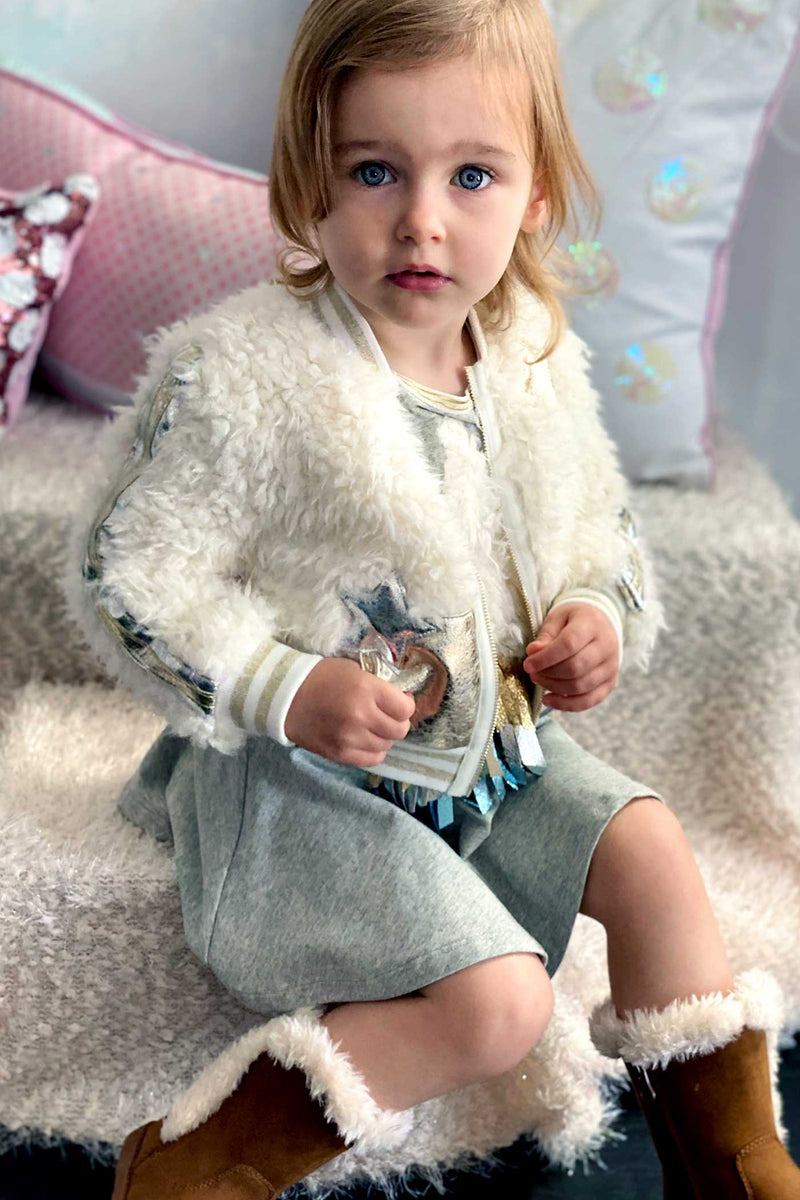 Baby Sara Little Girls Gold Leather and Sherpa Mixed Bomber Jacket
