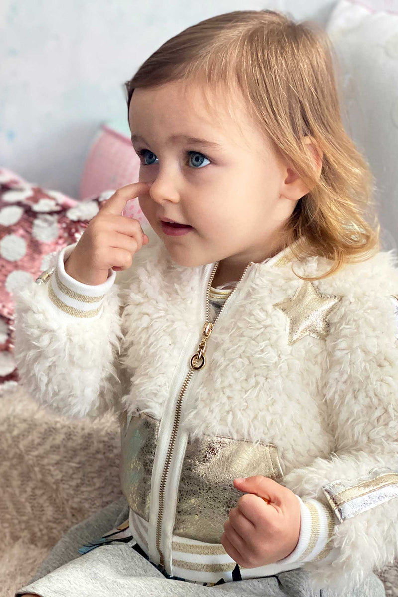 Baby Sara Little Girls Gold Leather and Sherpa Mixed Bomber Jacket