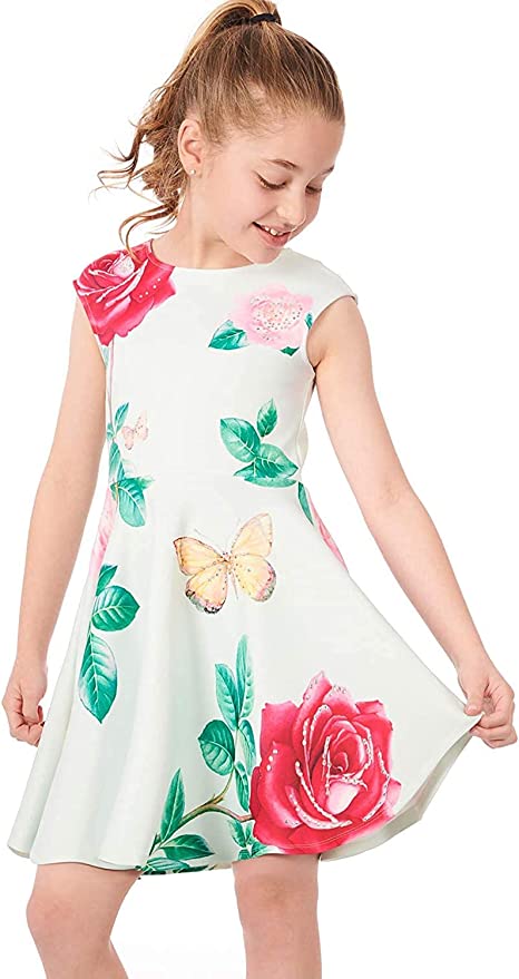  Round Neckline   Short Cap Sleeves  Large Butterfly Rose Floral Print  Back Exposed Zipper   Just Darling for a Tea Party Dress  SELF: 95% Polyester / 5% Spandex  Sleeveless skater dress in high quality scuba.  One-of-a-kind artwork with floral and butterfly graphics done with sublimation printing.  Intricate stonework.