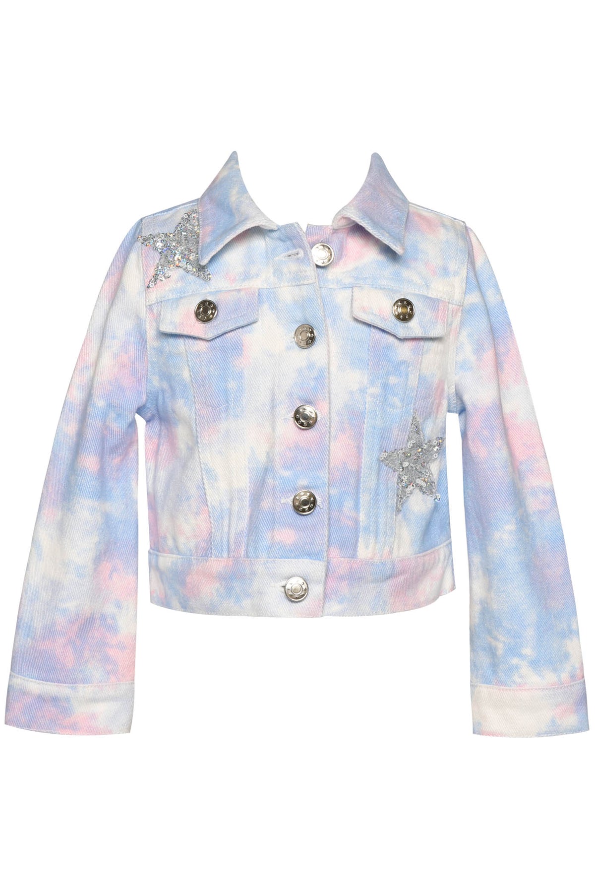 Making A Statement at School With This Beauty  Rhinestone Star For That Extra Sparkle  Pastel Rainbow Tie Dye:  Baby Blue, Powder White, and Blush Pink  Button Down Closure  Long Sleeves  Collar Neckline   Rhinestone Statement: Sequin Unicron Detail On Back  Key Words: Spring Jacket, Summer Jacket, Casual Jacket, Tie Dye Jacket, Unicorn Jacket, Denim Jacket, Jean Jacket, Star Printed Jacket, Little Girl's Jacket, Big Girl's Jacket, Mini Fashionista