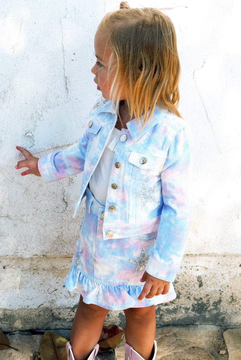 Making A Statement at School With This Beauty  Rhinestone Star For That Extra Sparkle  Pastel Rainbow Tie Dye:  Baby Blue, Powder White, and Blush Pink  Button Down Closure  Long Sleeves  Collar Neckline   Rhinestone Statement: Sequin Unicron Detail On Back  Key Words: Spring Jacket, Summer Jacket, Casual Jacket, Tie Dye Jacket, Unicorn Jacket, Denim Jacket, Jean Jacket, Star Printed Jacket, Little Girl&