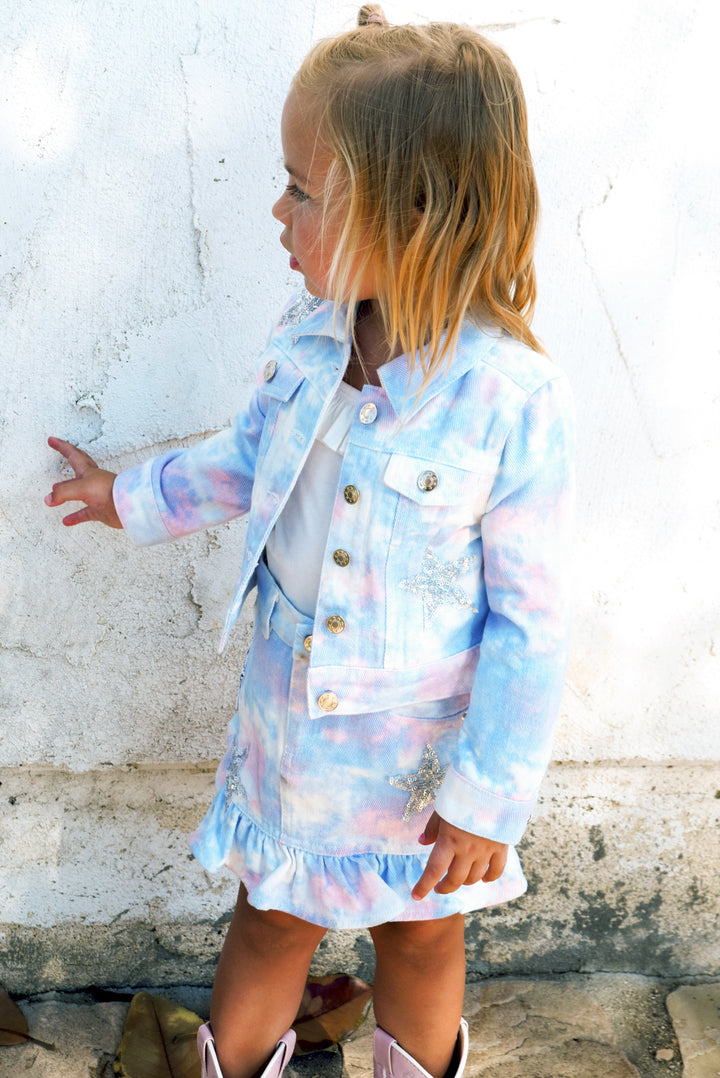 Making A Statement at School With This Beauty  Rhinestone Star For That Extra Sparkle  Pastel Rainbow Tie Dye:  Baby Blue, Powder White, and Blush Pink  Button Down Closure  Long Sleeves  Collar Neckline   Rhinestone Statement: Sequin Unicron Detail On Back  Key Words: Spring Jacket, Summer Jacket, Casual Jacket, Tie Dye Jacket, Unicorn Jacket, Denim Jacket, Jean Jacket, Star Printed Jacket, Little Girl's Jacket, Big Girl's Jacket, Mini Fashionista