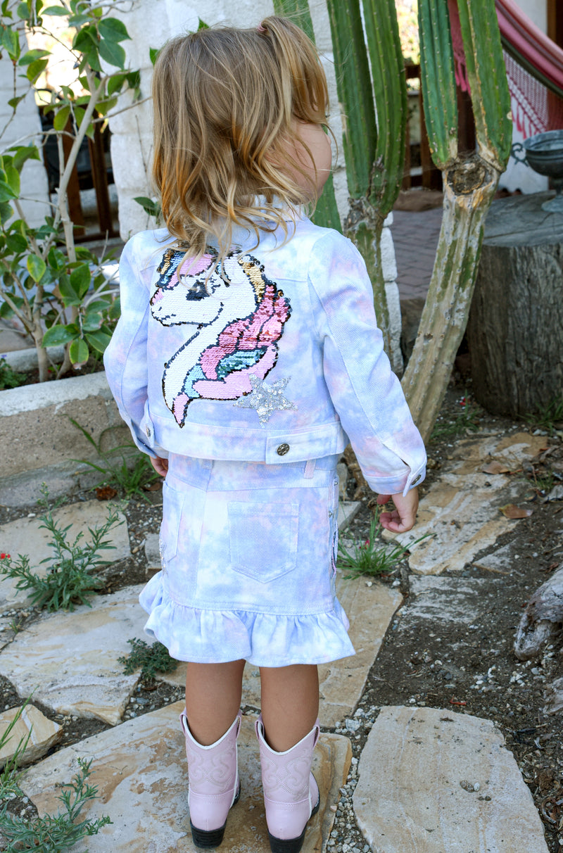 Making A Statement at School With This Beauty  Rhinestone Star For That Extra Sparkle  Pastel Rainbow Tie Dye:  Baby Blue, Powder White, and Blush Pink  Button Down Closure  Long Sleeves  Collar Neckline   Rhinestone Statement: Sequin Unicron Detail On Back  Key Words: Spring Jacket, Summer Jacket, Casual Jacket, Tie Dye Jacket, Unicorn Jacket, Denim Jacket, Jean Jacket, Star Printed Jacket, Little Girl&