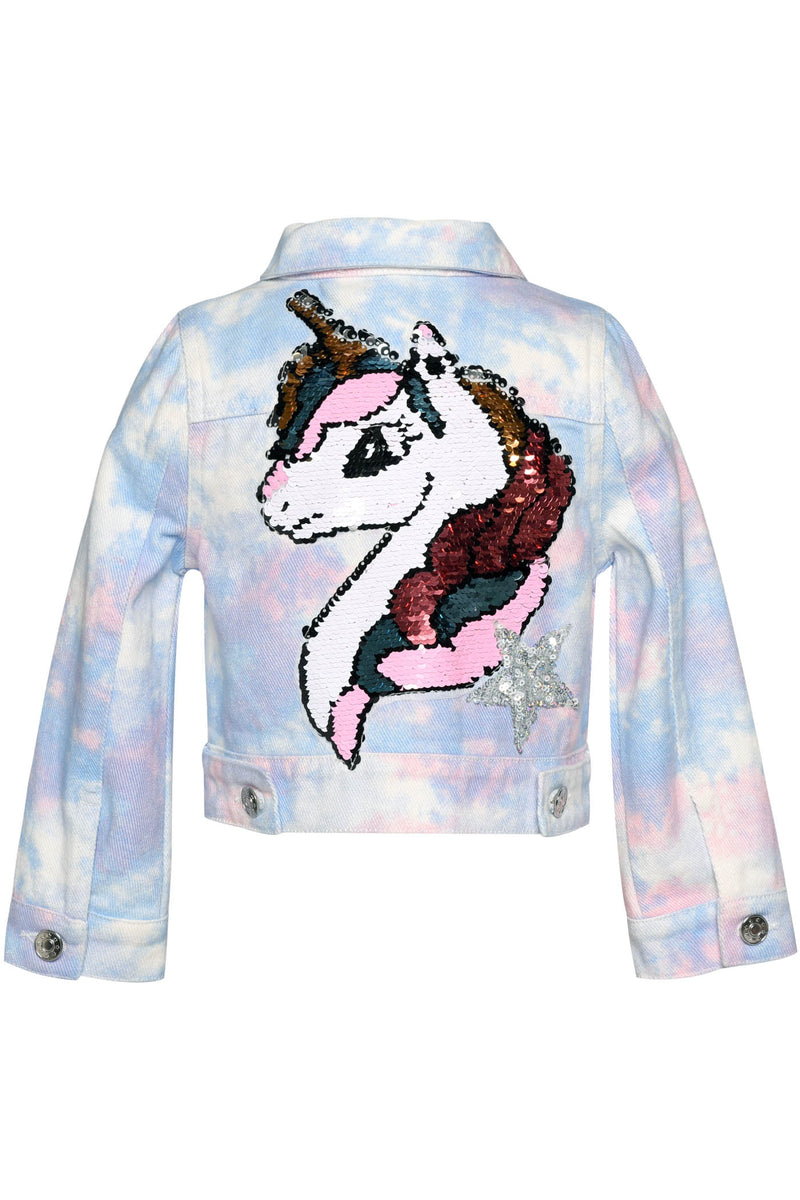 Making A Statement at School With This Beauty  Rhinestone Star For That Extra Sparkle  Pastel Rainbow Tie Dye:  Baby Blue, Powder White, and Blush Pink  Button Down Closure  Long Sleeves  Collar Neckline   Rhinestone Statement: Sequin Unicron Detail On Back  Key Words: Spring Jacket, Summer Jacket, Casual Jacket, Tie Dye Jacket, Unicorn Jacket, Denim Jacket, Jean Jacket, Star Printed Jacket, Little Girl&