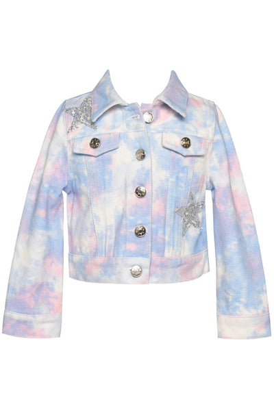 Making A Statement at School With This Beauty  Rhinestone Star For That Extra Sparkle  Pastel Rainbow Tie Dye:  Baby Blue, Powder White, and Blush Pink  Button Down Closure  Long Sleeves  Collar Neckline   Rhinestone Statement: Sequin Unicron Detail On Back  Key Words: Spring Jacket, Summer Jacket, Casual Jacket, Tie Dye Jacket, Unicorn Jacket, Denim Jacket, Jean Jacket, Star Printed Jacket, Little Girl's Jacket, Big Girl's Jacket, Mini Fashionista