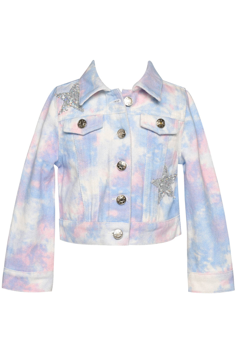 Making A Statement at School With This Beauty  Rhinestone Star For That Extra Sparkle  Pastel Rainbow Tie Dye:  Baby Blue, Powder White, and Blush Pink  Button Down Closure  Long Sleeves  Collar Neckline   Rhinestone Statement: Sequin Unicron Detail On Back  Key Words: Spring Jacket, Summer Jacket, Casual Jacket, Tie Dye Jacket, Unicorn Jacket, Denim Jacket, Jean Jacket, Star Printed Jacket, Little Girl&