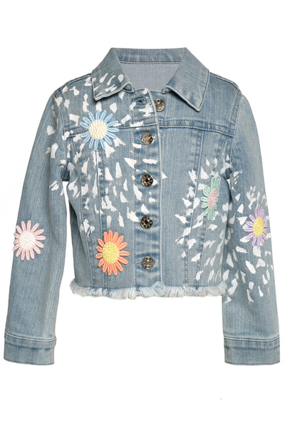 Little l Big Girl's Flower Child Daisy Denim Jacket  Collar Neckline Button Down Closure  Colorful Daisy Embroidered Patches  Frayed Distressed Hemline  Long Sleeves    Keywords: Little Girl's Boho Jacket, Bohemian Jacket, Flower Child Jacket, Spring Jacket, Summer Jacket, Daisy Print, Embroidered Jacket, Outerwear, Distressed Jacket, Frayed Hem Jacket, Little Girl's Boho Chic Jacket, Denim Jacket, Jean Jacket