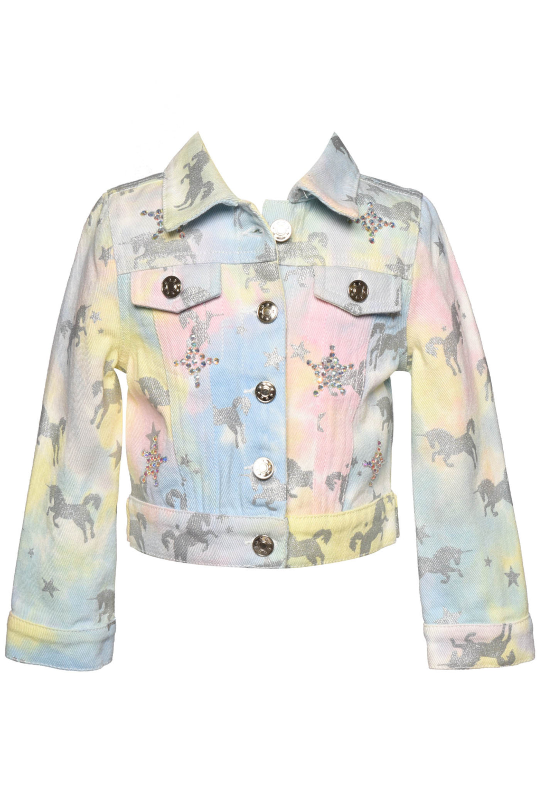Metallic Silver Unicorn & Stars  Rhinestone Stars For That Extra Sparkle  Pastel Rainbow Tie Dye:  Baby Blue, Sunshine Yellow, and Blush Pink  Button Down Closure  Long Sleeves  Collar Neckline   Rhinestone Statement: Heart, Rainbow, and Cloud Detail On Back  Key Words: Spring Jacket, Summer Jacket, Casual Jacket, Tie Dye Jacket, Unicorn Jacket, Denim Jacket, Jean Jacket, Star Printed Jacket, Little Girl's Jacket, Big Girl's Jacket, Mini Fashionista