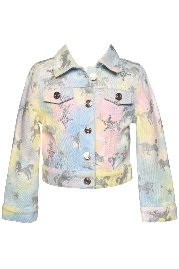 Metallic Silver Unicorn & Stars  Rhinestone Stars For That Extra Sparkle  Pastel Rainbow Tie Dye:  Baby Blue, Sunshine Yellow, and Blush Pink  Button Down Closure  Long Sleeves  Collar Neckline   Rhinestone Statement: Heart, Rainbow, and Cloud Detail On Back  Key Words: Spring Jacket, Summer Jacket, Casual Jacket, Tie Dye Jacket, Unicorn Jacket, Denim Jacket, Jean Jacket, Star Printed Jacket, Little Girl's Jacket, Big Girl's Jacket, Mini Fashionista