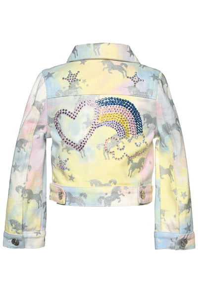 Metallic Silver Unicorn & Stars  Rhinestone Stars For That Extra Sparkle  Pastel Rainbow Tie Dye:  Baby Blue, Sunshine Yellow, and Blush Pink  Button Down Closure  Long Sleeves  Collar Neckline   Rhinestone Statement: Heart, Rainbow, and Cloud Detail On Back  Key Words: Spring Jacket, Summer Jacket, Casual Jacket, Tie Dye Jacket, Unicorn Jacket, Denim Jacket, Jean Jacket, Star Printed Jacket, Little Girl's Jacket, Big Girl's Jacket, Mini Fashionista