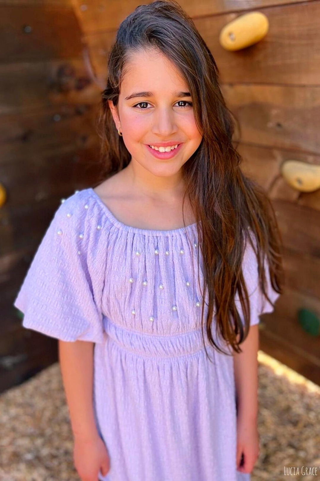 Girl’s Pearl Puff Sleeve Off The Shoulder Doll Dress