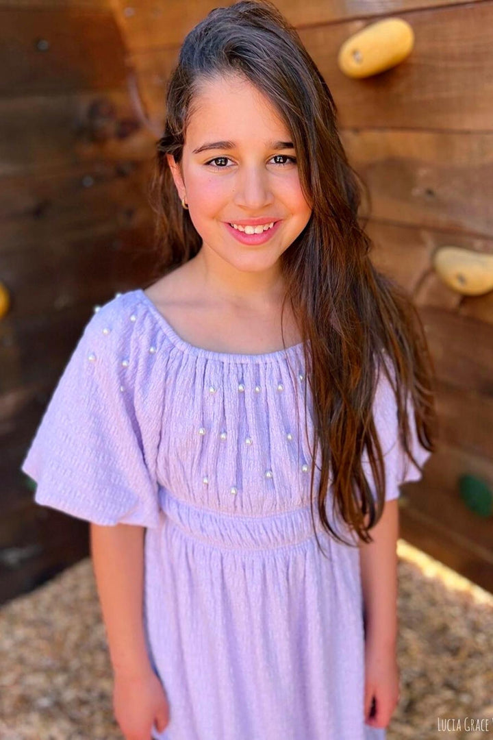 Girl’s Pearl Puff Sleeve Off The Shoulder Doll Dress