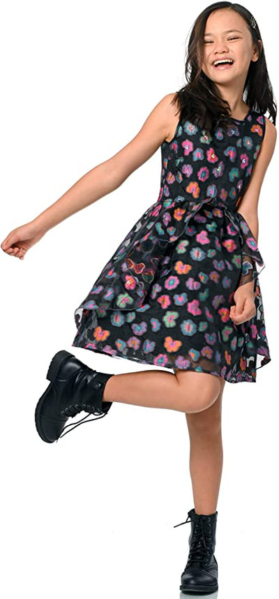 Little I Big Girls Color Block Floral Dress  Scoop Neckline  Sleeveless  Bold Color Block Floral Print  Tiered Ruffle For Volume  Lined Skirt  Exposed Back Zipper  Above Knee Length  Let her sparkle through the crowd in these dresses! School has started, so let these be her go-to-dresses at her school dance or best friend's birthday party!