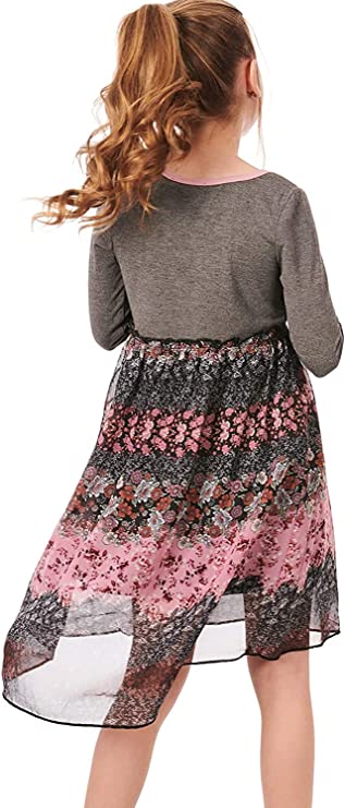 Big Girls Mixed Media Floral Print Dress  Round Scoop Neckline With Pink Contrast Trim  Lace Crochet Trim & 3 Tortoise Shell Buttons   Lettuce Ruffle Empire Waistline  Striped Neutral Floral Bohemian Print  High Low Above The Knee Dress  Lined Skirt Portion   100% Polyester