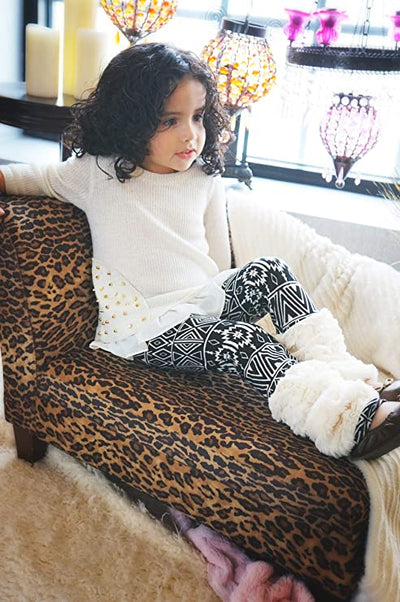Little Girls Boho Tribal Print Faux Fur Leggings  Elastic Waistline  Ivory & Black Boho Tribal Print  Faux Fur Leg Warmers   The Perfect Leggings to Keep the Little Ones Warm During Fall & Winter.  SELF: 97% Polyester / 3% Spandex, CONTRAST (FAUX FUR): 100% Polyester  Made in high quality jersey knit.