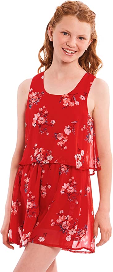 Big Girls Cherry Blossom Floral Print Romper  Scoop Neckline  Sleeveless  Vintage Floral Print   V Back Detail & Neck Tie  Truly Me designer and fashion forward little and big girls' rompers created with your little girl in mind.  All rompers designed to be on trend so she can be her best and most confident in the latest styles.